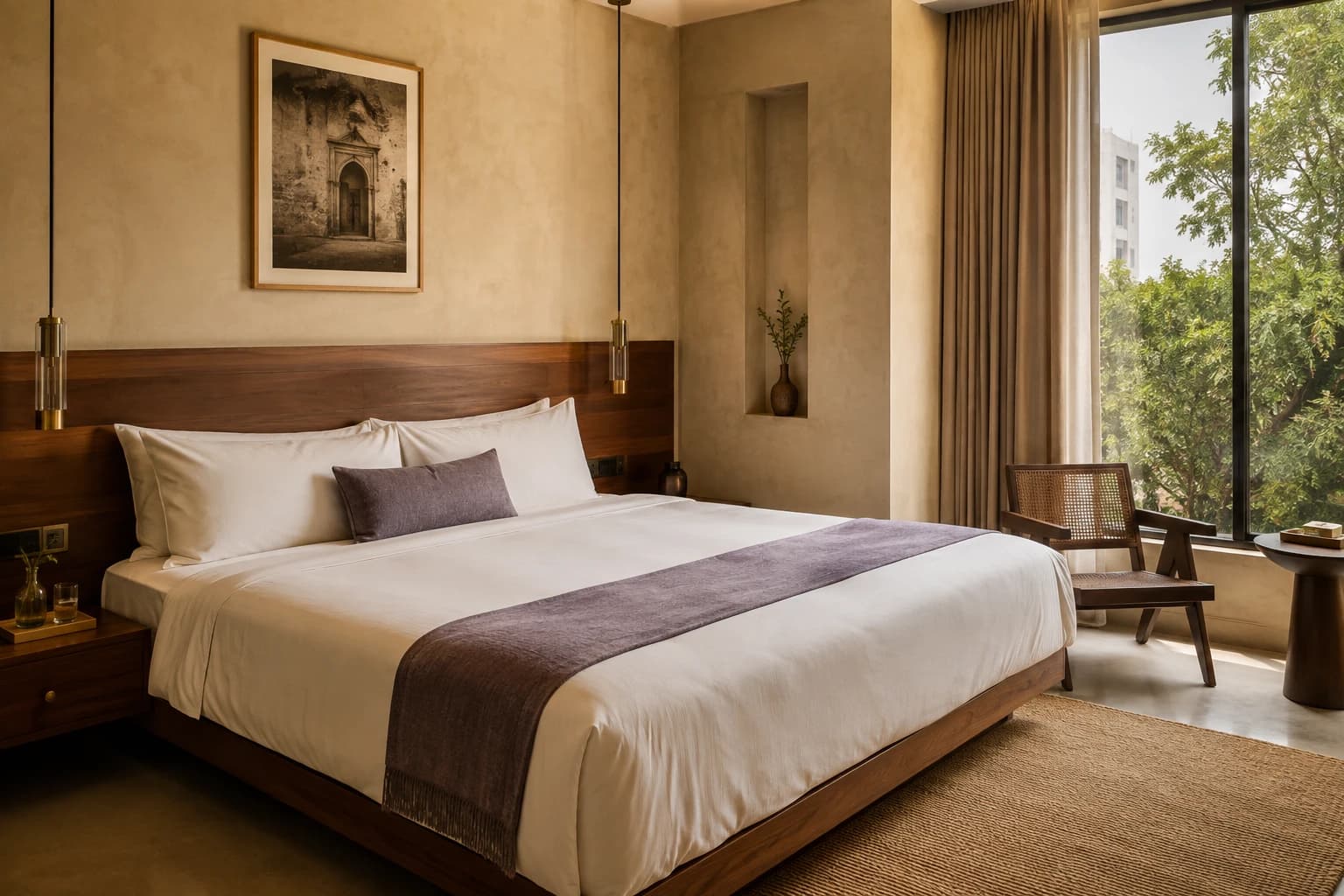 Warm boutique hotel bedroom