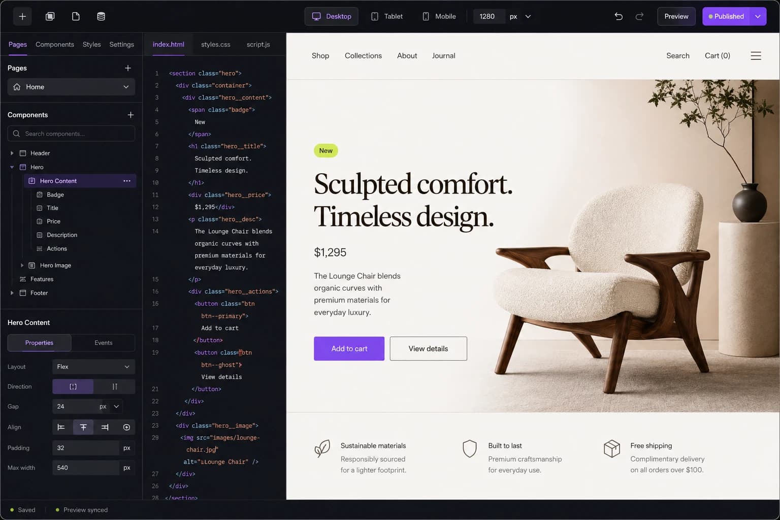 AI app builder showing code and a synchronized live storefront preview